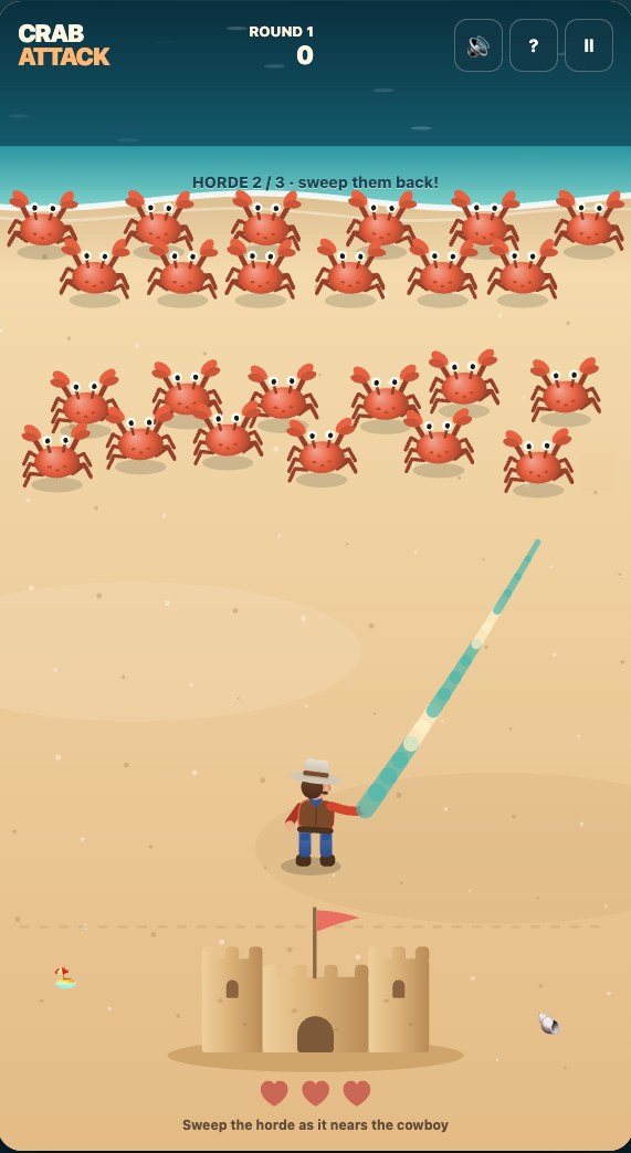 Crab Attack gameplay: a cowboy swings his beach towel at a horde of red crabs heading for a sandcastle